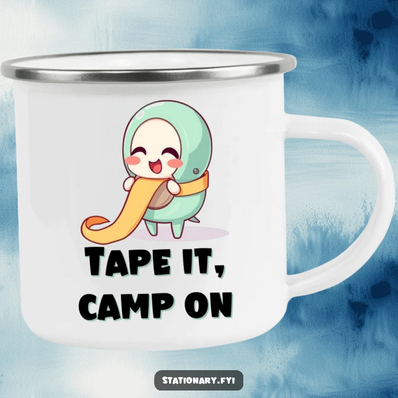 Funny camping mug with a giggling tape dispenser character happily unraveling a ribbon, ideal for outdoor enthusiasts who love fun.