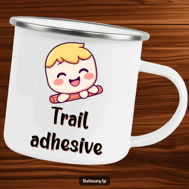 Funny kawaii glue stick camping mug with a smiling character sliding smoothly, designed for humorous outdoor enjoyment.