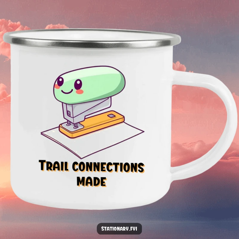Funny camping mug with a cheerful stapler zipping over paper, perfect for office fans on the go.
