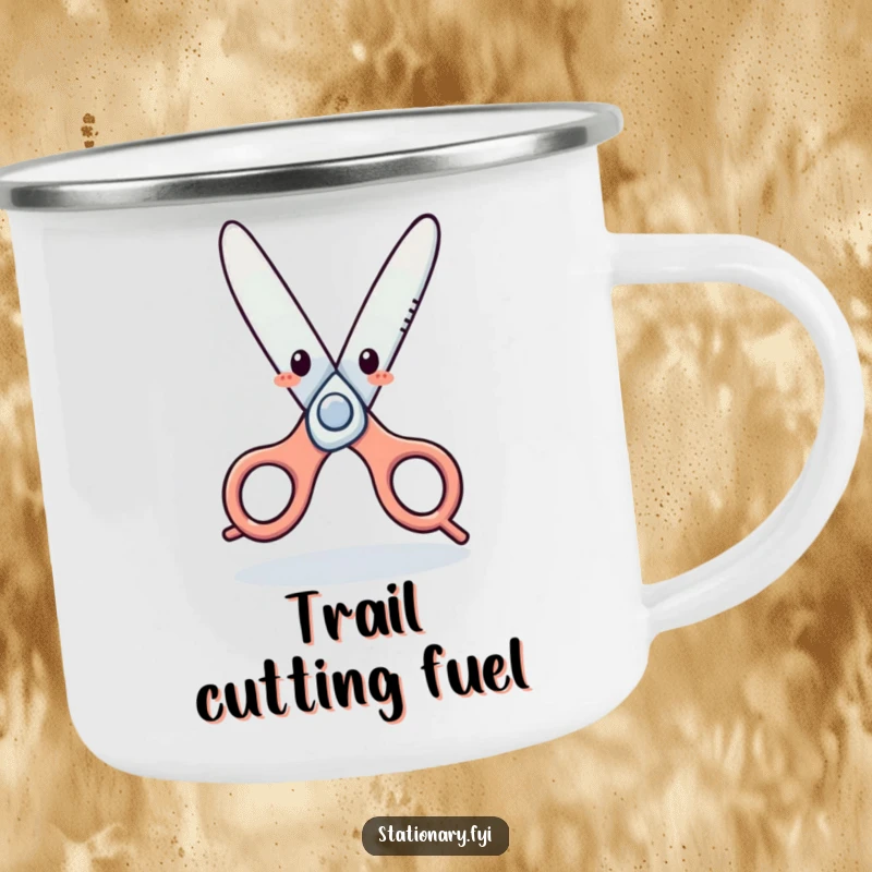 Funny Camping Mug: Whimsical scissors character doing a lively dance, perfect for outdoor sipping and adding humor to adventures.