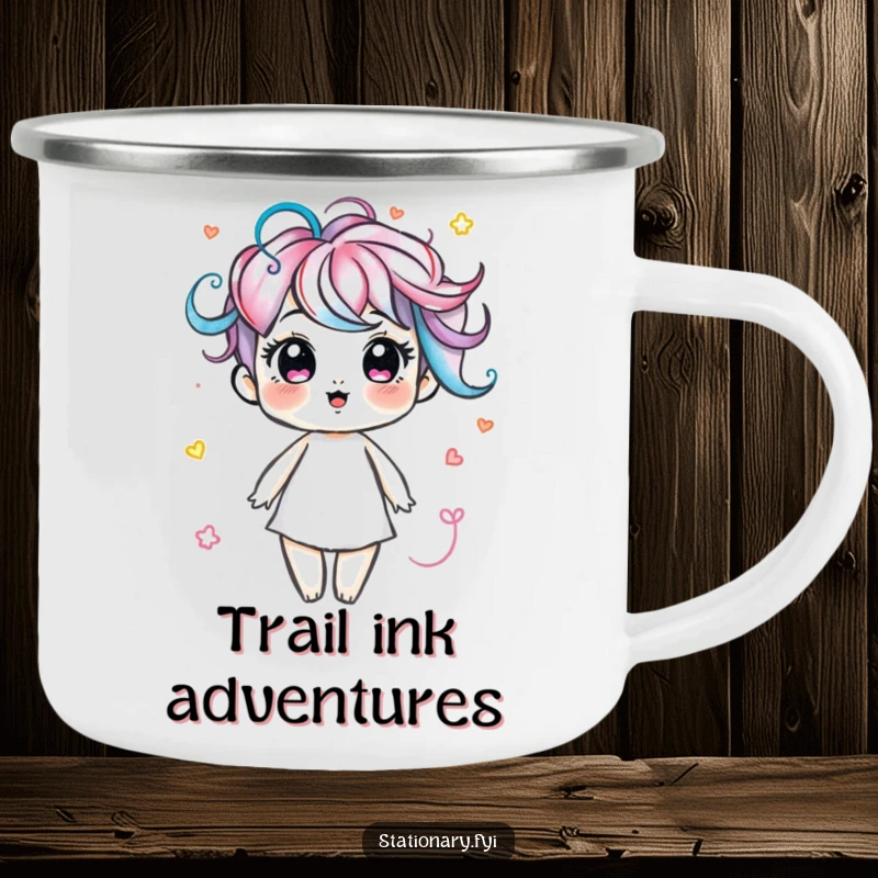 Funny camping mug featuring a delightful marker character drawing colorful swirls, perfect for artistic outdoor enjoyment.