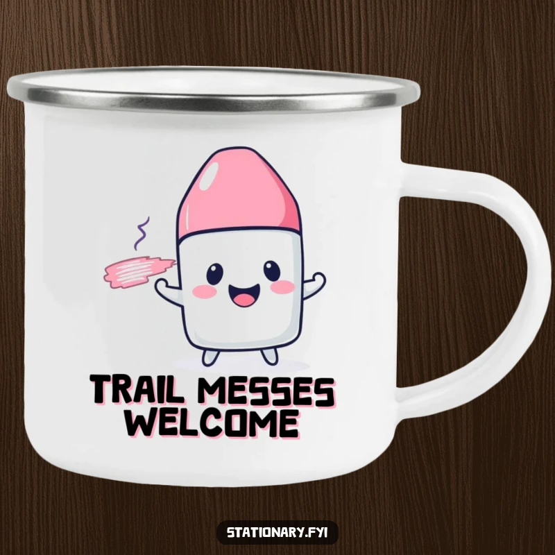 Funny camping mug featuring a cheerful eraser character happily smudging a drawn line, for outdoor laughs.