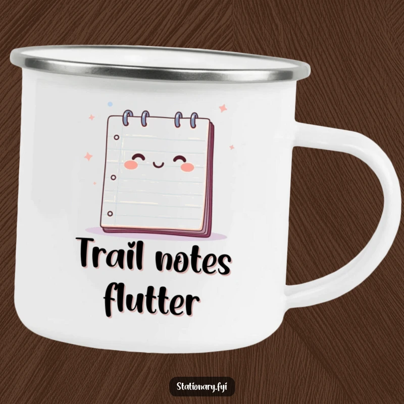 Funny camping mug featuring a happy notepad with pages flapping in a breeze, perfect for outdoor brainstorming sessions.
