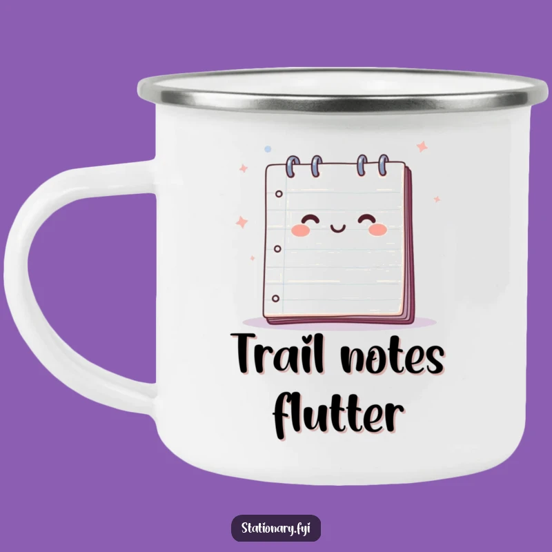 Happy Notepad Campfire Mug: Jot Down Ideas Outdoors.