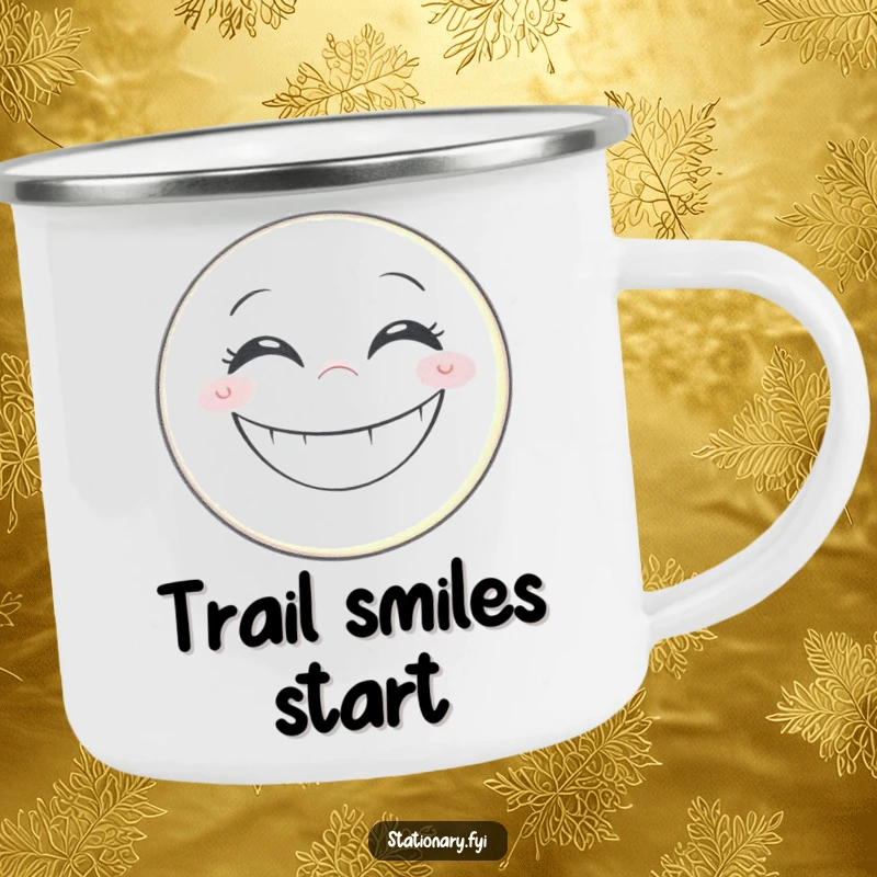 Funny camping mug with a grinning pencil drawing a huge, happy smiley face, perfect for outdoor art lovers.