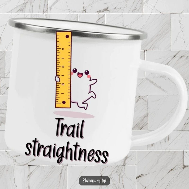 Funny kawaii ruler camping mug with a cartwheeling character, designed for humorous outdoor enjoyment and precise measurement.