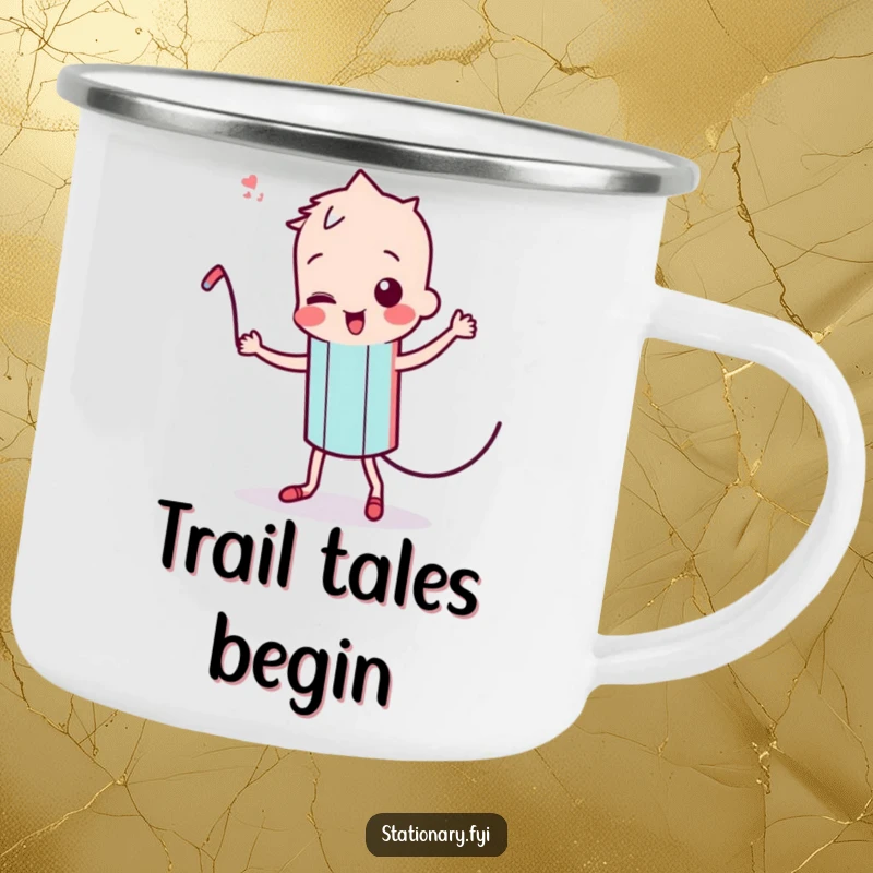 Funny Kawaii Pencil Camping Mug: A dancing pencil character with wiggling lead, designed for outdoor creativity and humor.