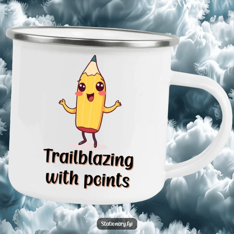 Funny Camping Mug with a cheerful pencil doing a jig, perfect for outdoor adventures with artistic humor and as a great gift.
