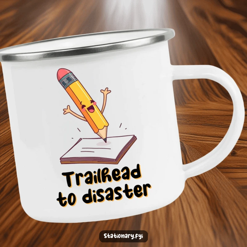 Funny pencil dramatically falling off a desk with flailing arms, a durable camping mug for outdoor humor.
