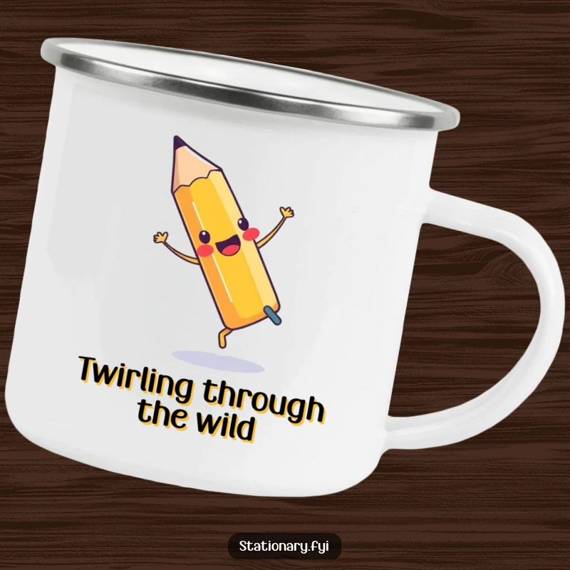 Funny Camping Mug with a pencil doing a cartwheel and an eraser, ideal for outdoor coffee breaks.