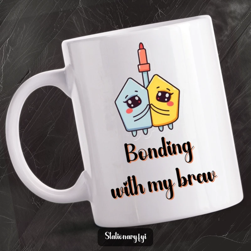 Funny mug: A curious glue stick is shown adhering two distinct shapes together, representing unity.