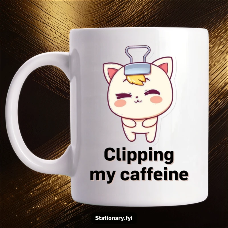 Funny mug featuring a mischievous binder clip character playfully winking, symbolizing office humor and cleverness.