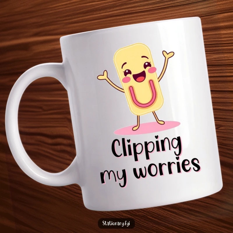 Funny mug featuring a joyous paper clip character doing a fun little shimmy dance with happy energy.