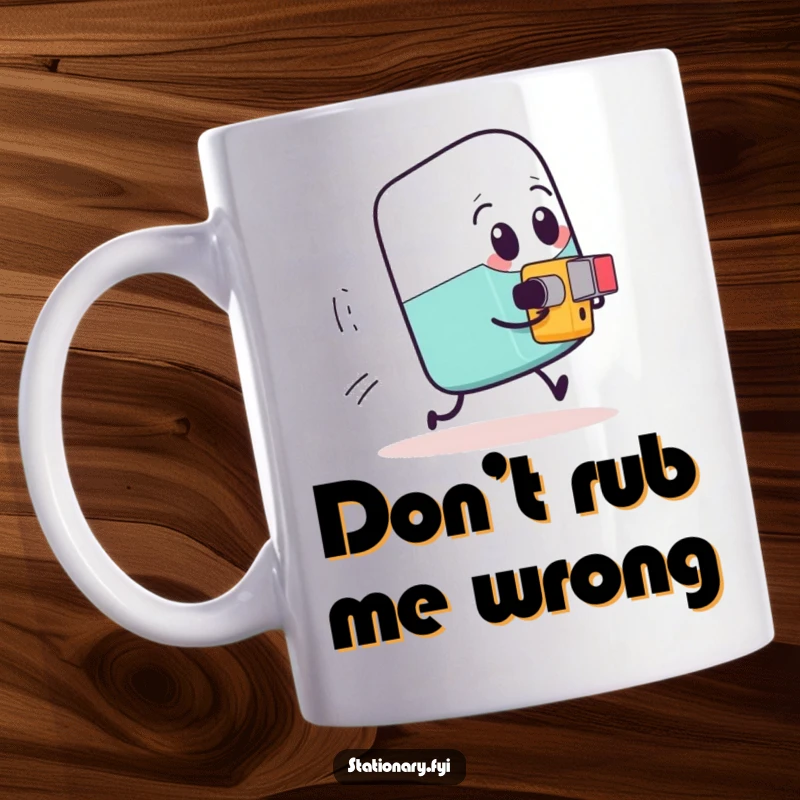 Funny expressive eraser being chased by a tiny determined pencil sharpener, showcasing stationery panic for a humorous gift.