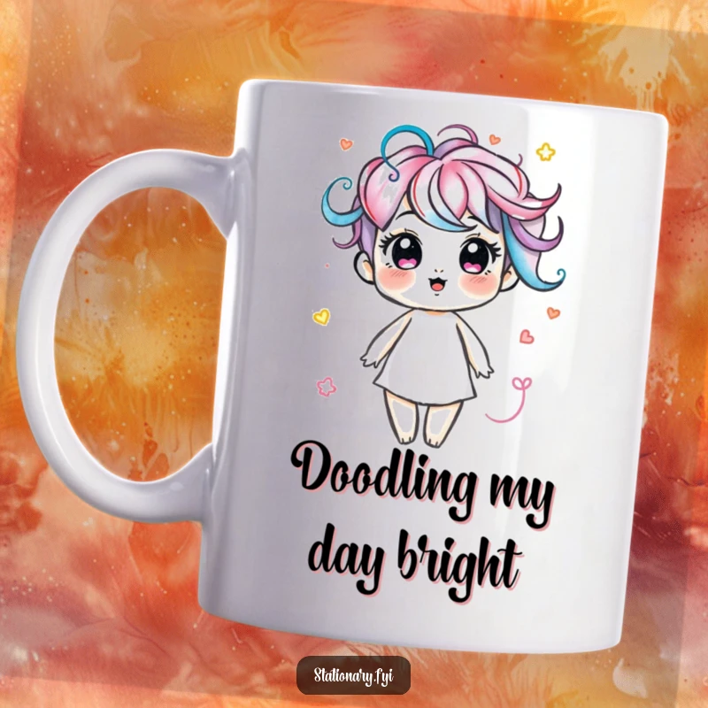 Funny mug featuring a delightful marker character joyfully drawing vibrant, colorful swirls, perfect for art lovers.