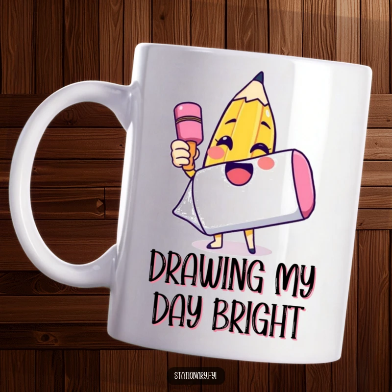 Funny mug of a smiling pencil character excitedly drawing a smiley face on a massive, white eraser, symbolizing creativity and happiness.