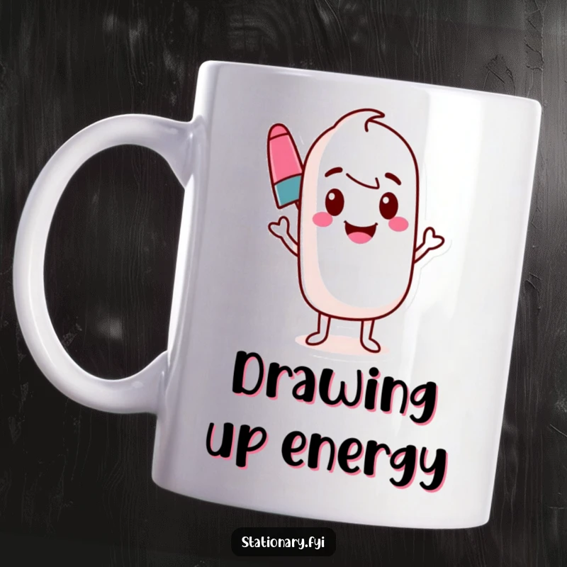 Funny marker mug showing a bouncing marker character drawing a vibrant, wavy, colorful line.