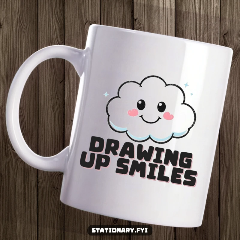 Funny Kawaii marker character drawing a smiley face in a fluffy cloud on a mug, radiating joy.