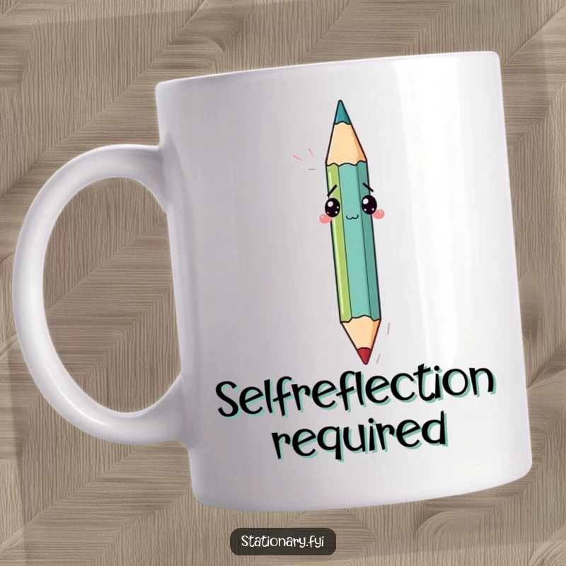 Funny mug showing a confused pencil attempting to sketch its own form using its tip, representing a humorous self-reflection.