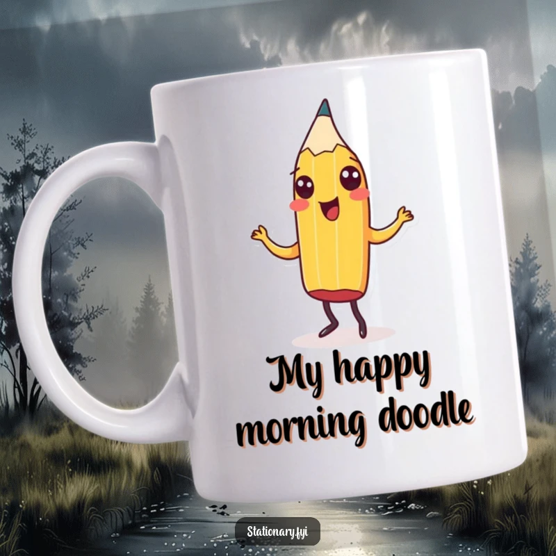 Funny Mug featuring a cheerful pencil doing a happy jig, spreading joy and artistic vibes for a perfect, humorous gift.