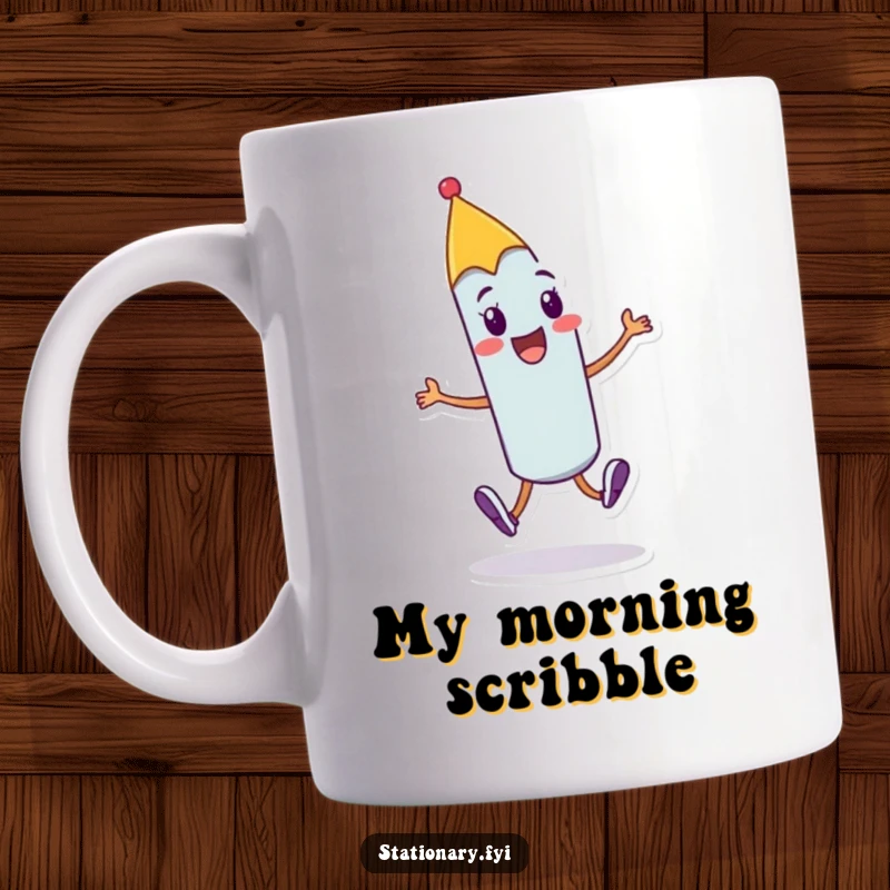 Funny cheerful pen mug with a character doing a joyful skip with a flourish, embodying creativity and lightheartedness.