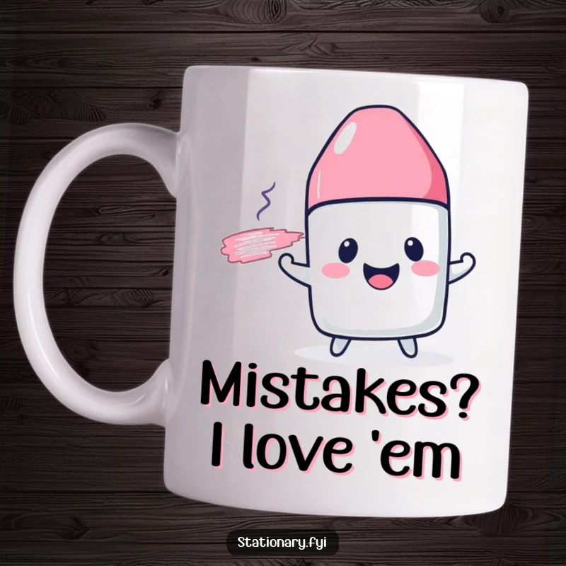 Funny mug featuring a cheerful eraser character happily smudging a drawn line, bringing joy to your desk.