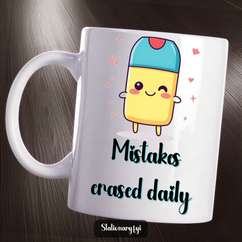 Funny Mug with a smiling eraser happily cleaning up silly scribbles, showcasing a tidy sense of humor, perfect for a gift.