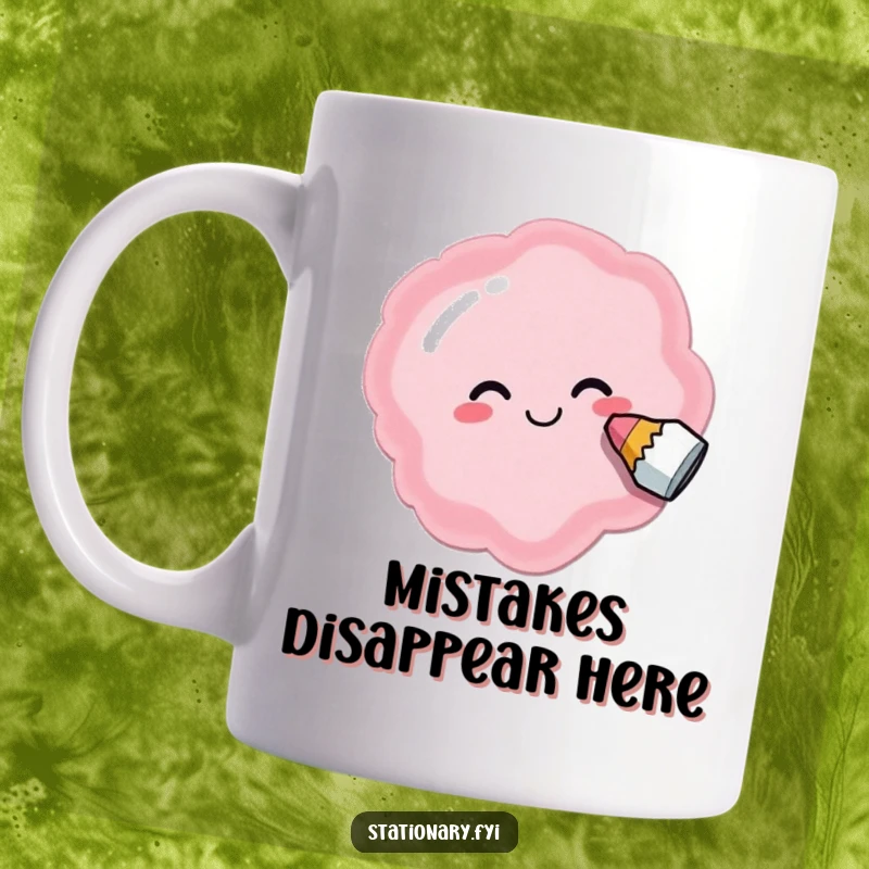 Funny mug showing a delighted eraser happily smudging out a silly, abstract shape, symbolizing playful errors.