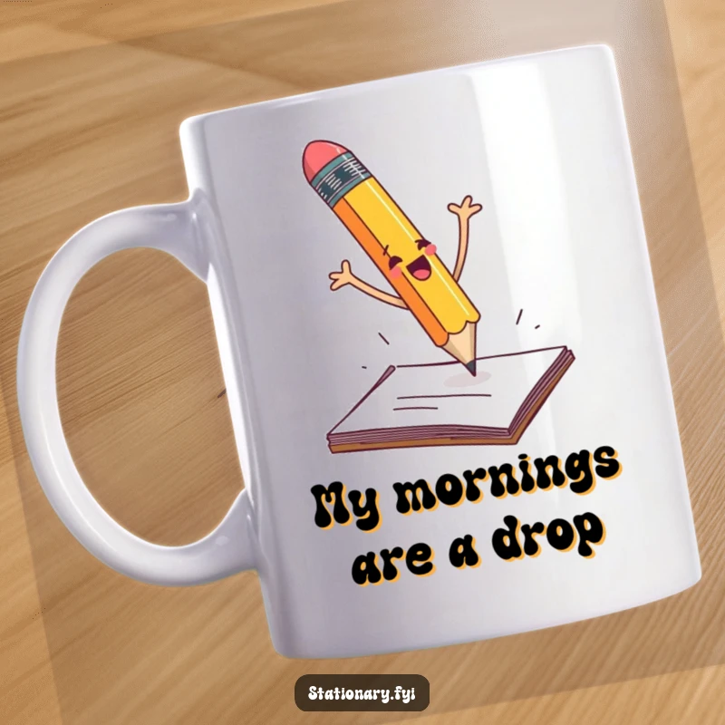 Funny pencil dramatically falling off a desk with flailing arms, capturing office panic for a humorous gift.