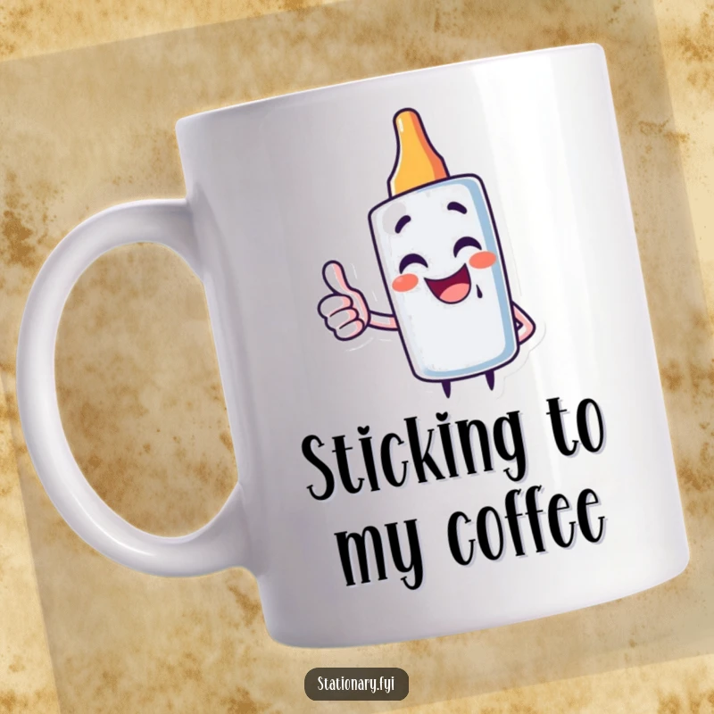 Funny mug featuring a giggling glue stick character enthusiastically giving a thumbs up, symbolizing sticky fun.