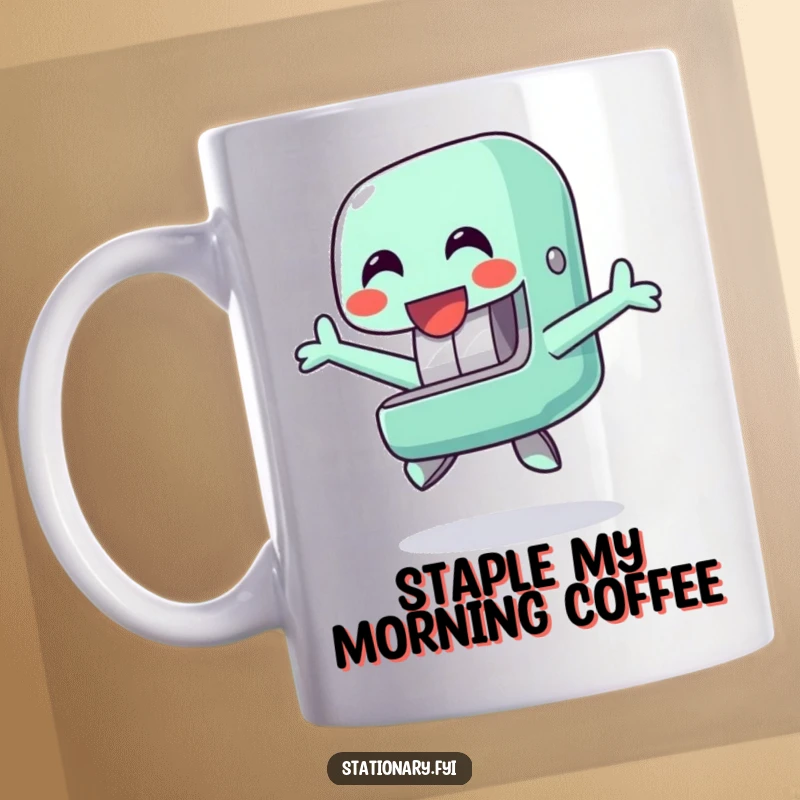 Funny mug with a happy stapler character joyfully jumping, showcasing a humorous and motivational office supply design.