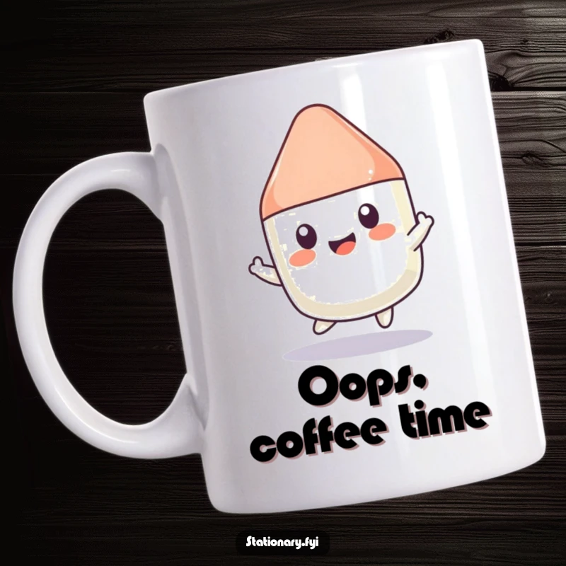 Funny Kawaii Eraser Mug: A cute eraser character joyfully bounces like a ball, exuding playful energy and humor.