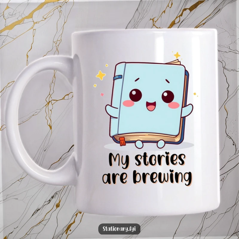 Funny Kawaii Notebook Mug: A cute notebook character with pages fluttering joyfully, radiating creativity and happiness.
