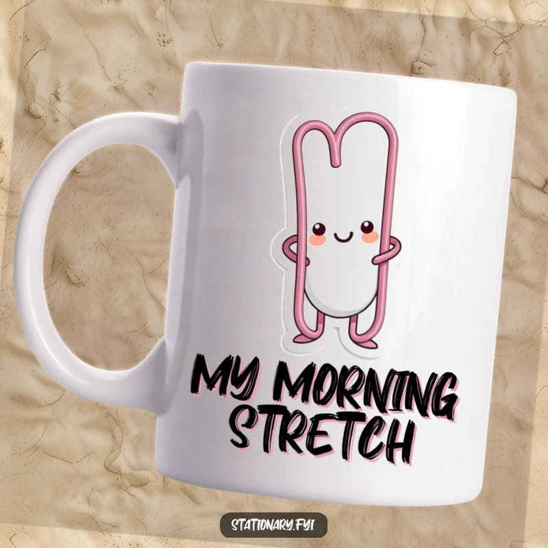 Funny kawaii paperclip character bending creatively into a silly shape, bringing desk humor to this mug.