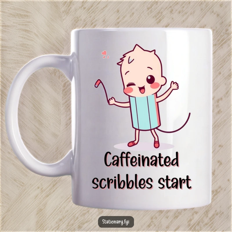 Funny Kawaii Pencil Mug: A cheerful pencil character dances wildly, its lead wiggling, bringing energetic humor.