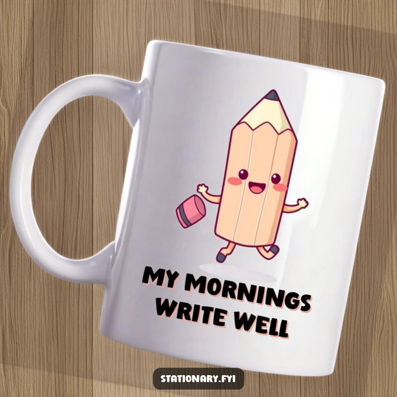 Funny Kawaii Pencil skipping gleefully with a friendy eraser, celebrating school and stationery humor, perfect for gifting.