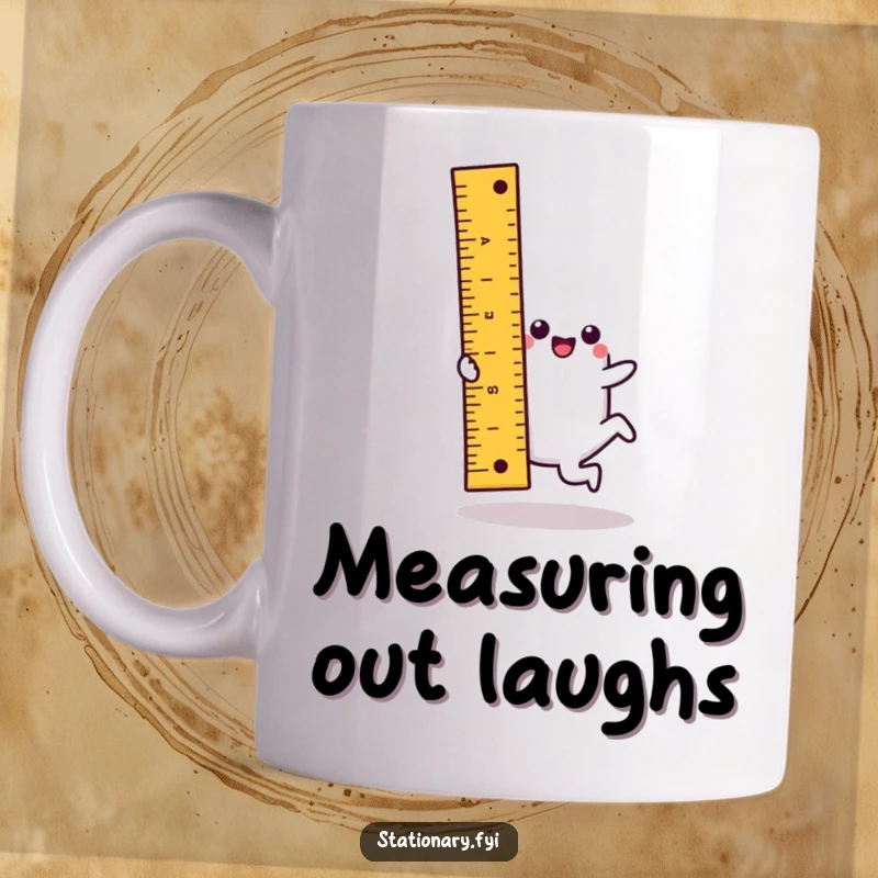 Funny kawaii ruler mug featuring a cute, active character performing a cartwheel with playful precision.