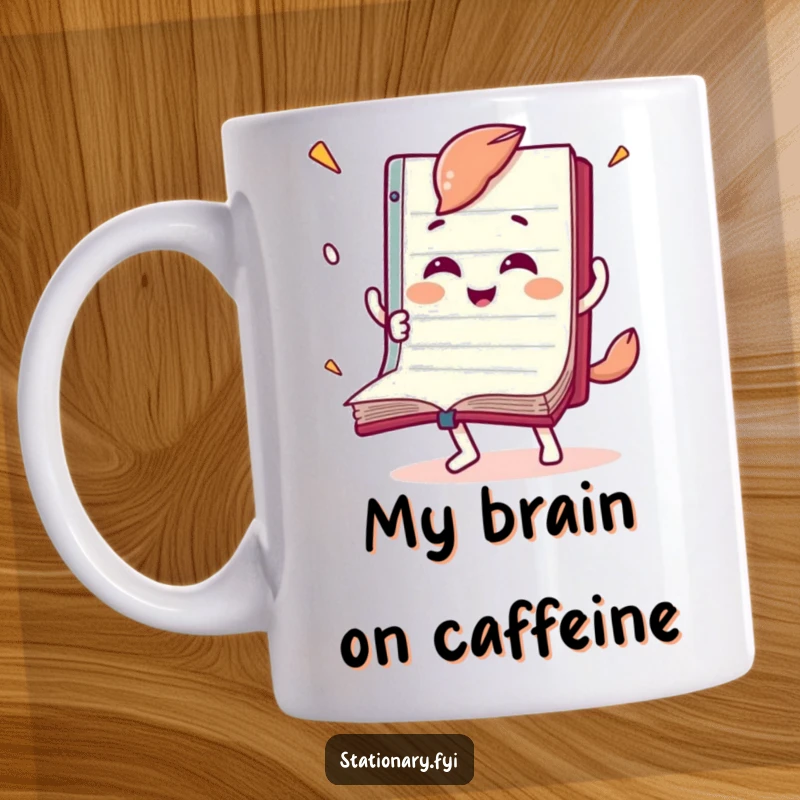 Funny mug featuring a joyful notebook character rapidly flipping its own pages, symbolizing a love for fast reading.