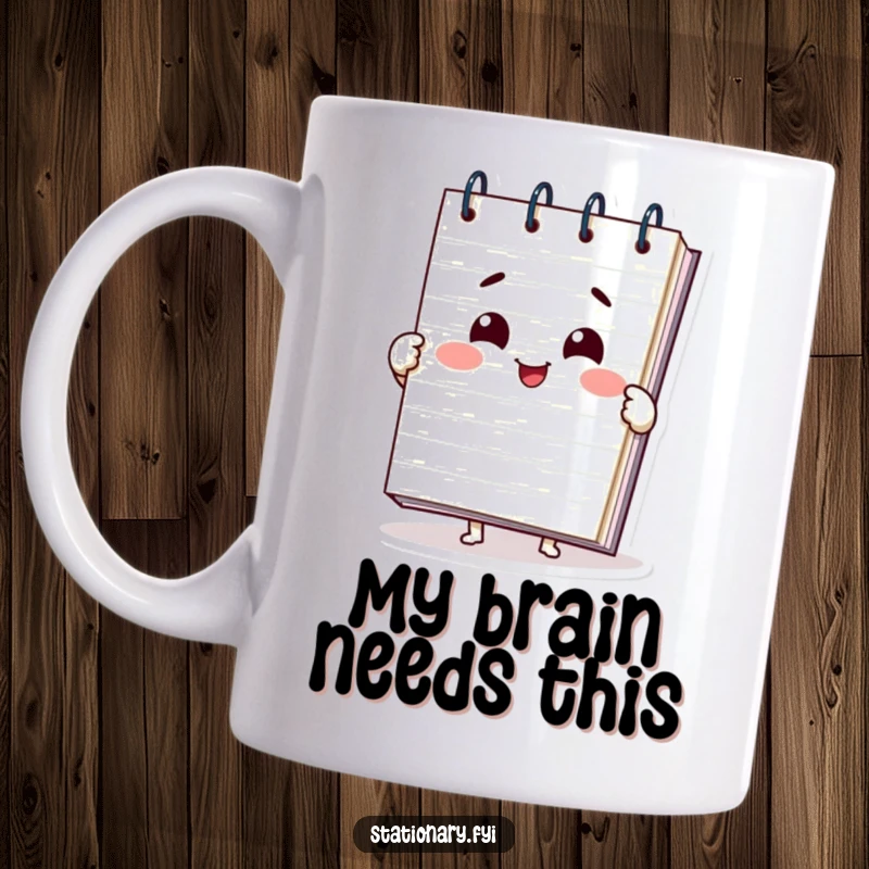 Funny notepad character mug, unfurling its pages with a beaming smile, ready for your next great idea, perfect gift.