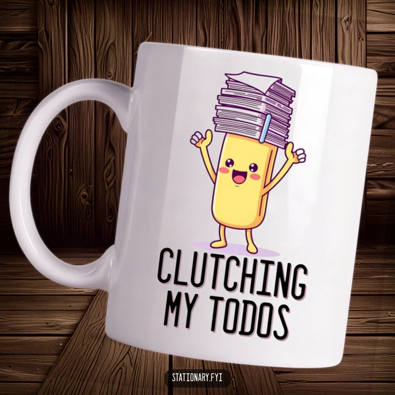 Funny Mug featuring a delighted Kawaii paperclip character proudly holding a tall stack of papers.