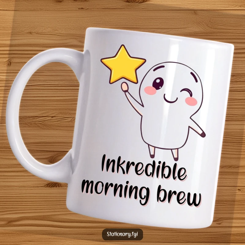 Funny mug featuring a happy pen character drawing a smiling star in the air, symbolizing creativity and joy.