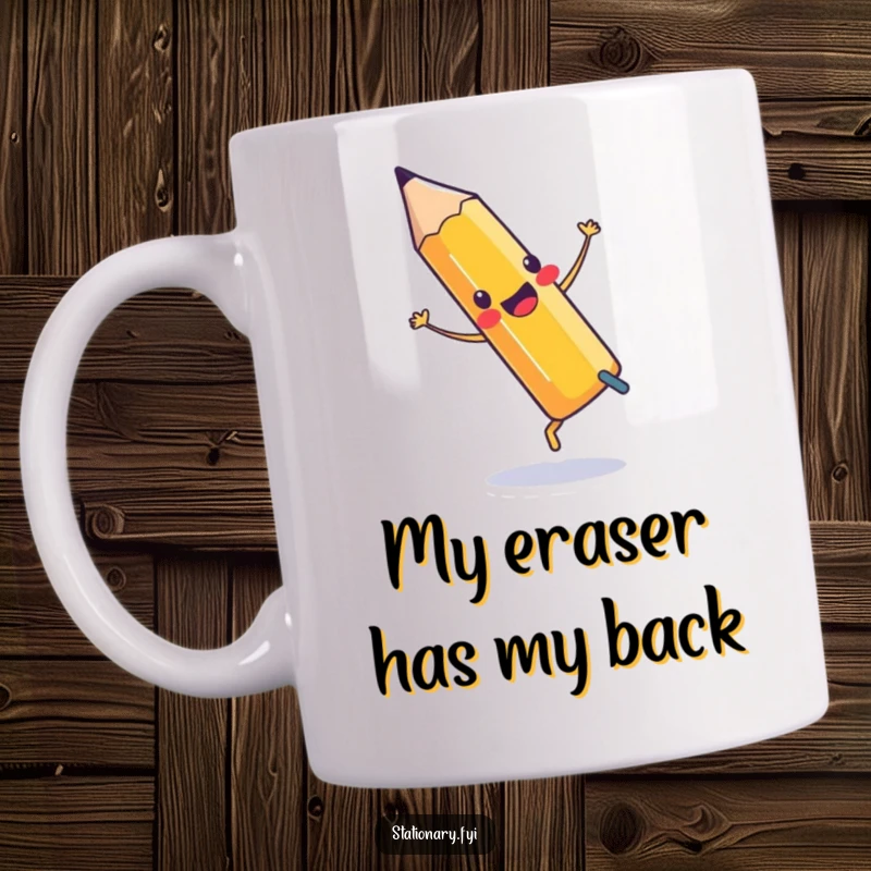 Funny Mug featuring a joyful pencil doing a cartwheel with a smiling eraser, celebrating office fun and quirky stationery.
