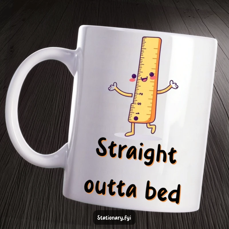 Funny Mug: A cheerful ruler character striking a happy dancing pose, radiating positivity and a love for measurement.