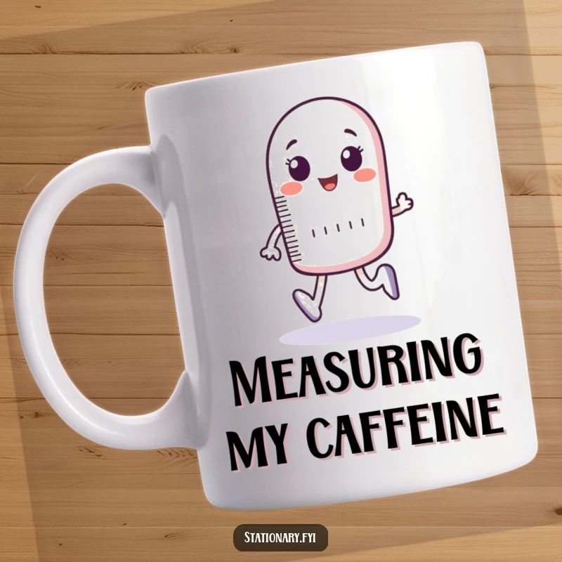 Funny mug depicting a bouncing ruler character humorously measuring imaginary footsteps with cartoon precision.