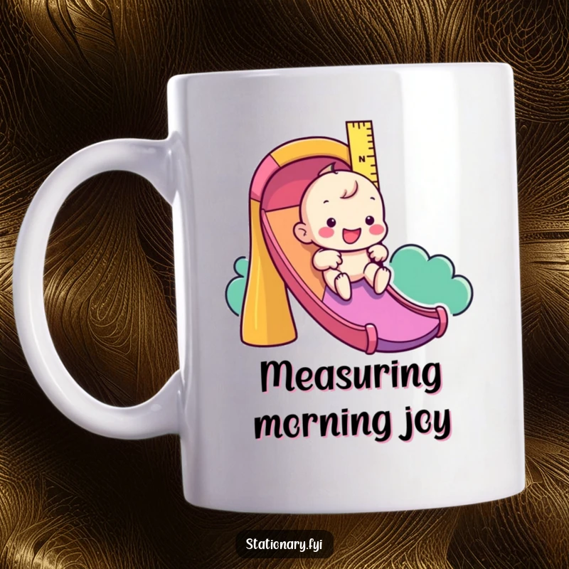 Funny mug featuring a playful ruler character joyfully sliding down a colorful slide, evoking childhood fun.