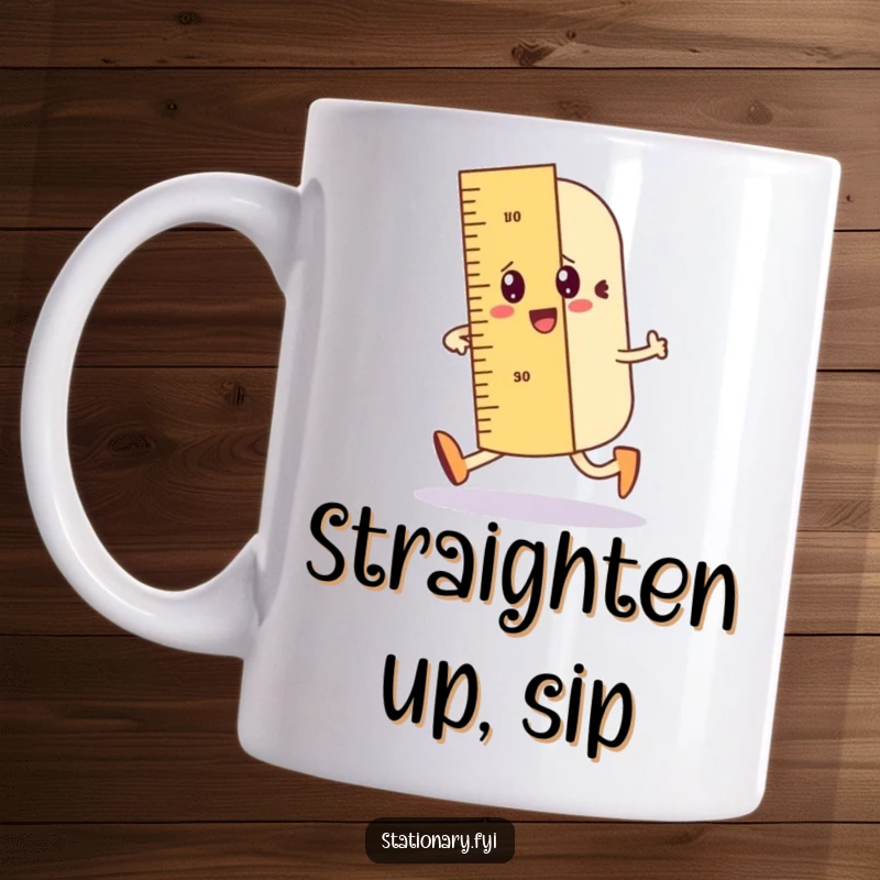 Funny mug with a wobbly ruler character jauntily walking and drawing a straight line, bringing order and humor.