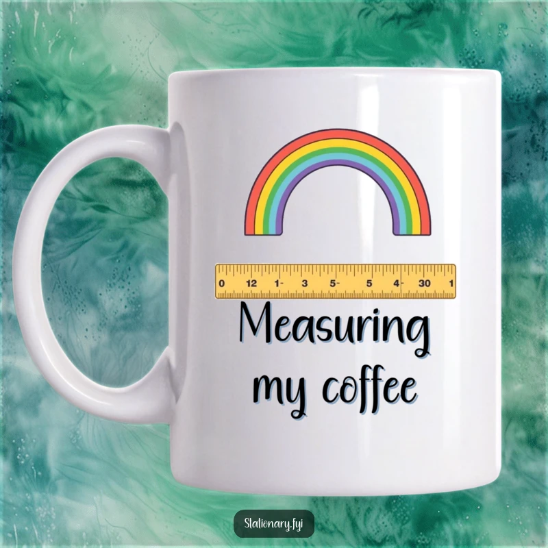 Funny mug: A whimsical ruler meticulously measures a colorful rainbow arc, symbolizing creative measurement.