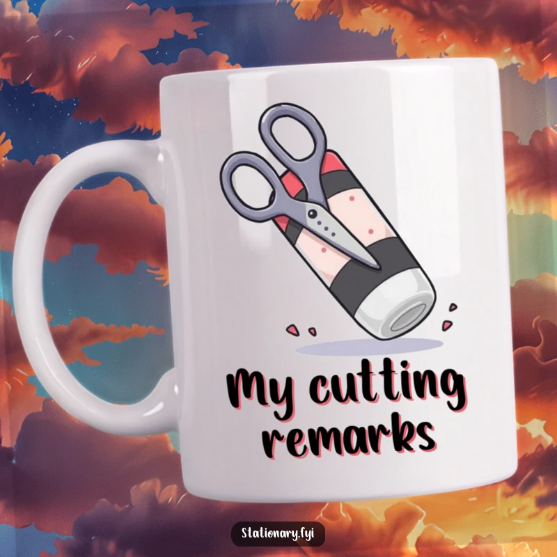 Funny pair of scissors attempting to chop a giant rubbery eraser, showcasing a stationery battle for a humorous gift.