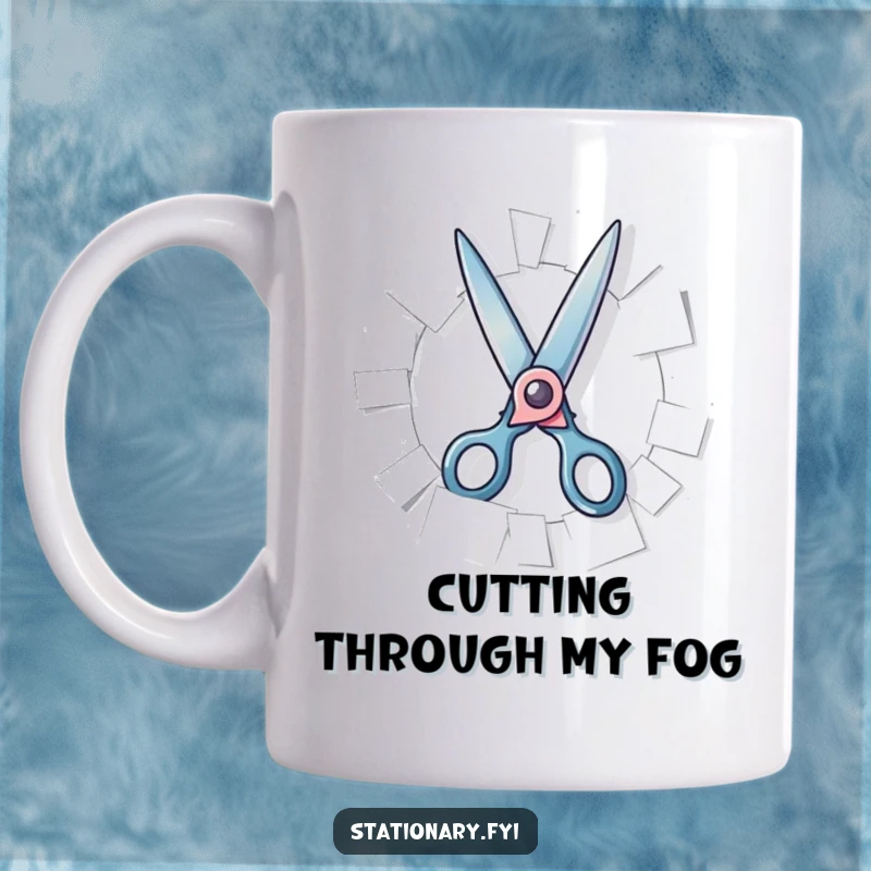 Funny Mug featuring a playful pair of scissors gleefully snipping through paper, showcasing artistic fun and humor, a perfect gift.