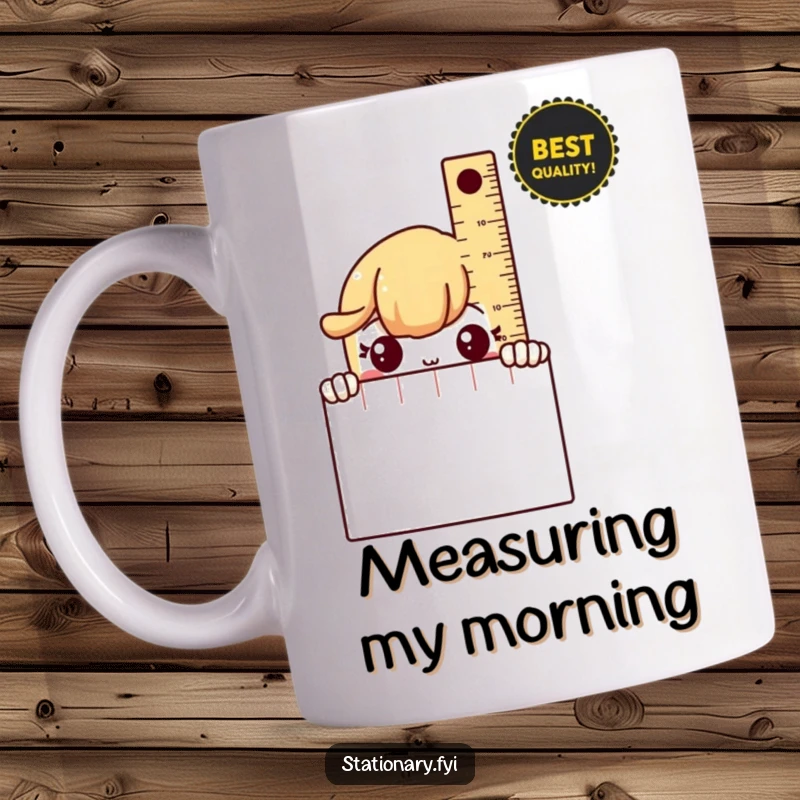 Funny Mug featuring a shy ruler peeking from behind a notebook, conveying gentle introversion and office charm.